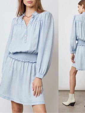 RAILS Light Blue Long Sleeve Smocked Waist Dress EUC